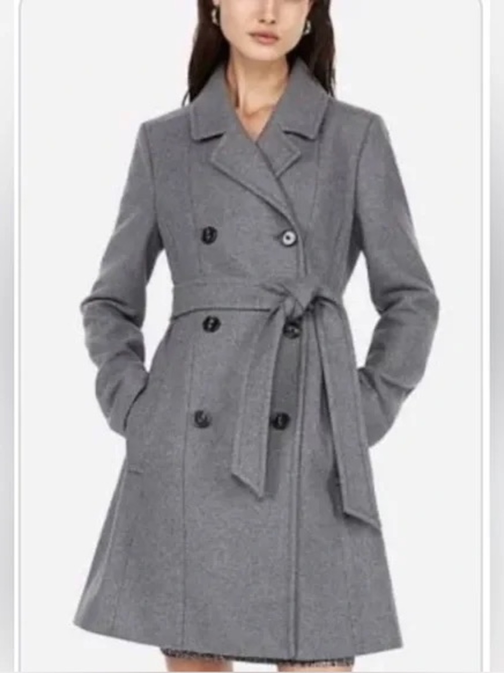 NWT Express Grey Pea Coat Size XL Wool Long Gray Tie NEW Women’s